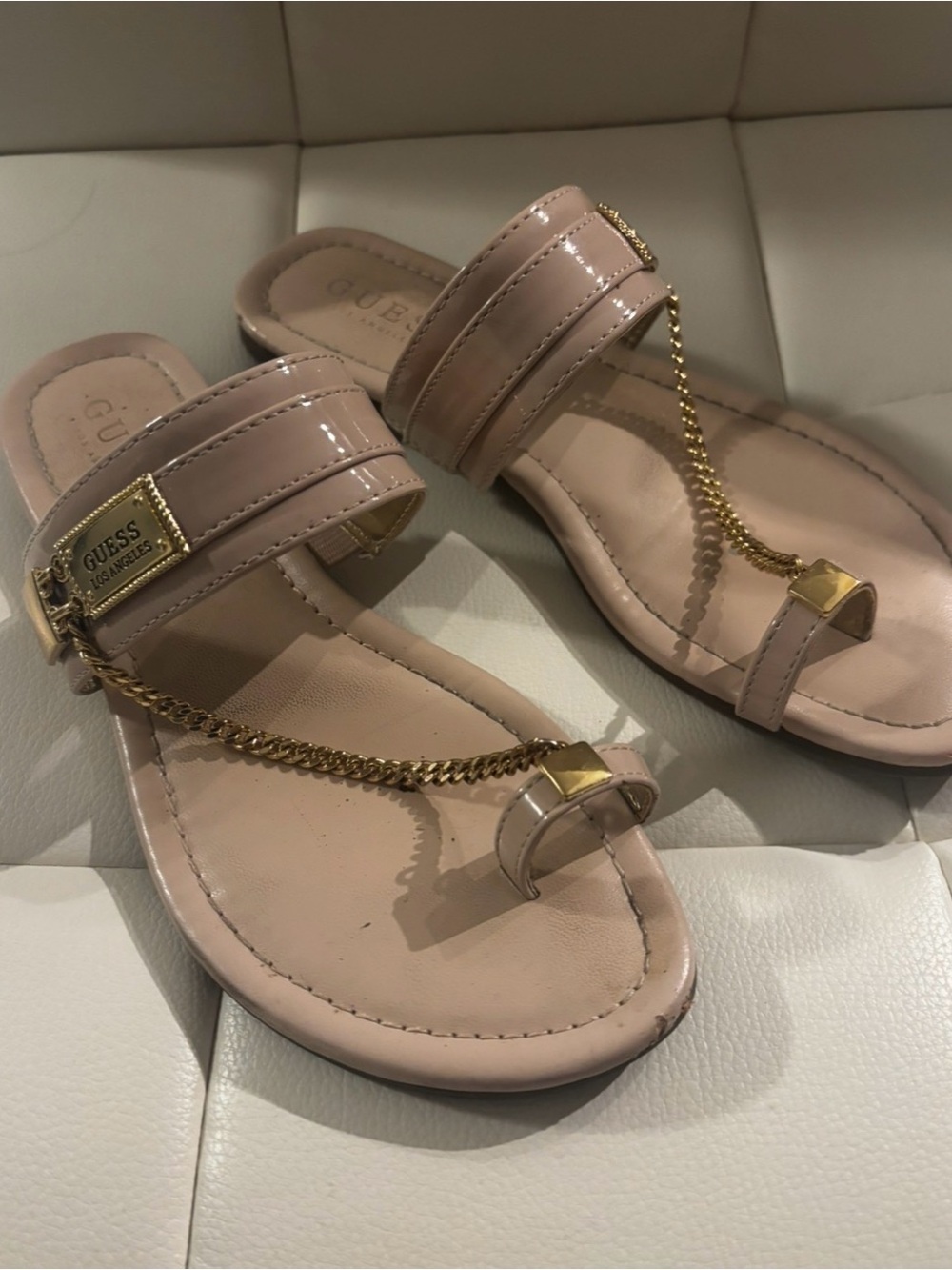 GUESS Blush Patent Toe-Ring Sandals with Gold Chain